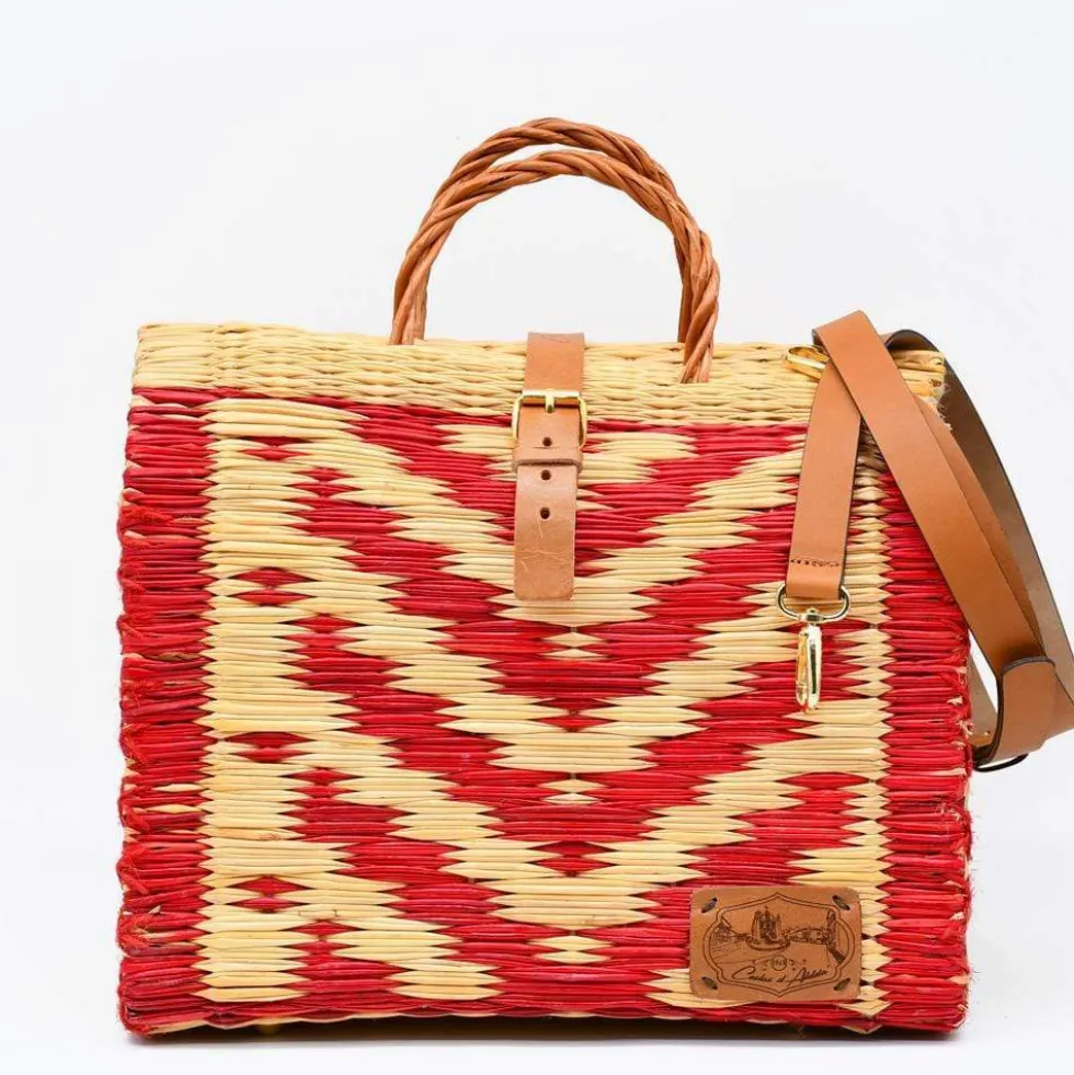 Sac cabas en jonc 30cm - Rouge & naturel