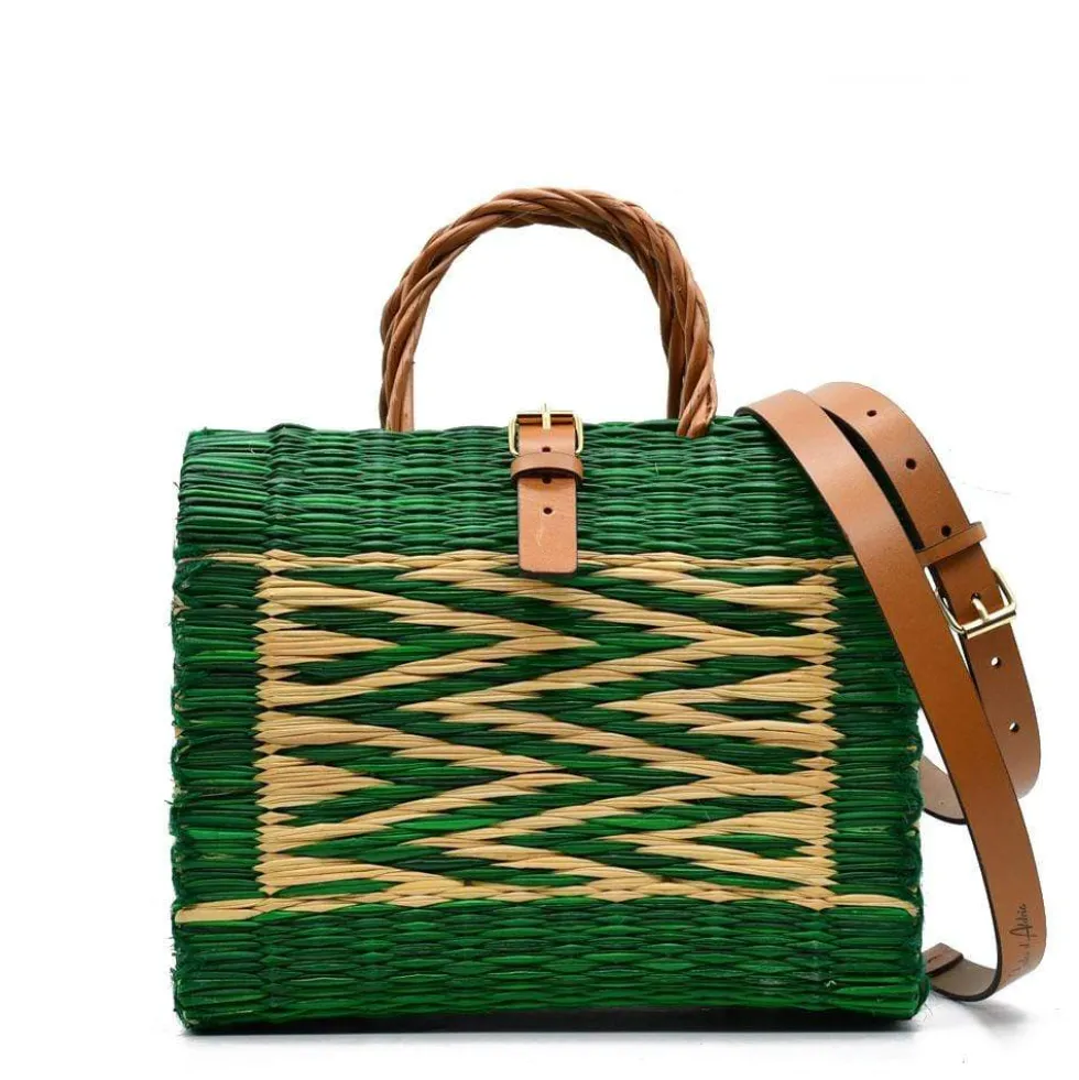 Sac cabas en jonc 26cm - Vert & naturel