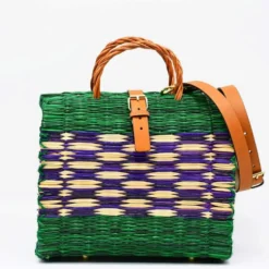 Sac cabas en jonc 26cm - Vert & violet