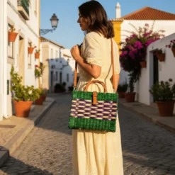 Sac cabas en jonc 26cm - Vert & violet