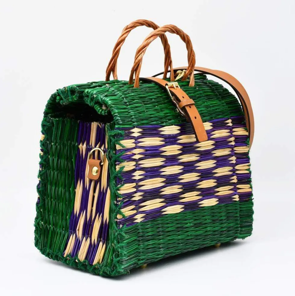 Sac cabas en jonc 26cm - Vert & violet