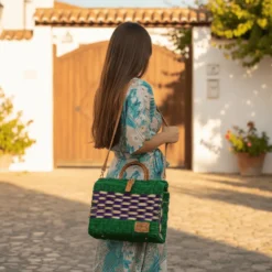 Sac cabas en jonc 30cm - Vert & violet