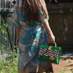 Sac cabas en jonc 30cm - Vert & violet