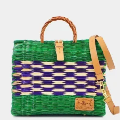 Sac cabas en jonc 30cm - Vert & violet