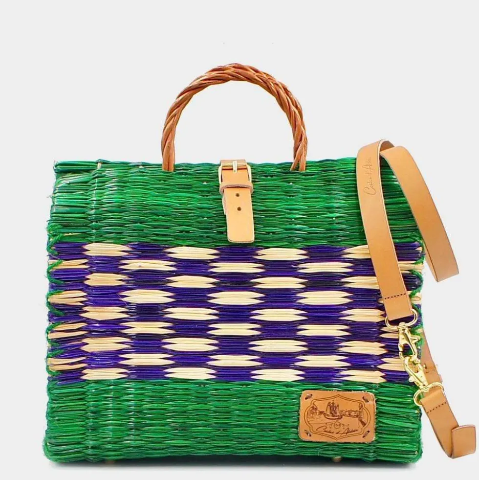 Sac cabas en jonc 30cm - Vert & violet