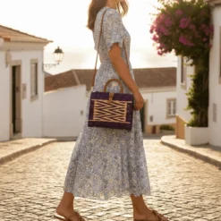 Sac cabas en jonc 22cm - Violet & naturel