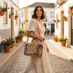 Sac cabas en jonc 30cm - Violet & naturel