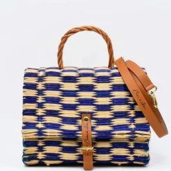 Sac cartable en jonc 25cm - Bleu & naturel
