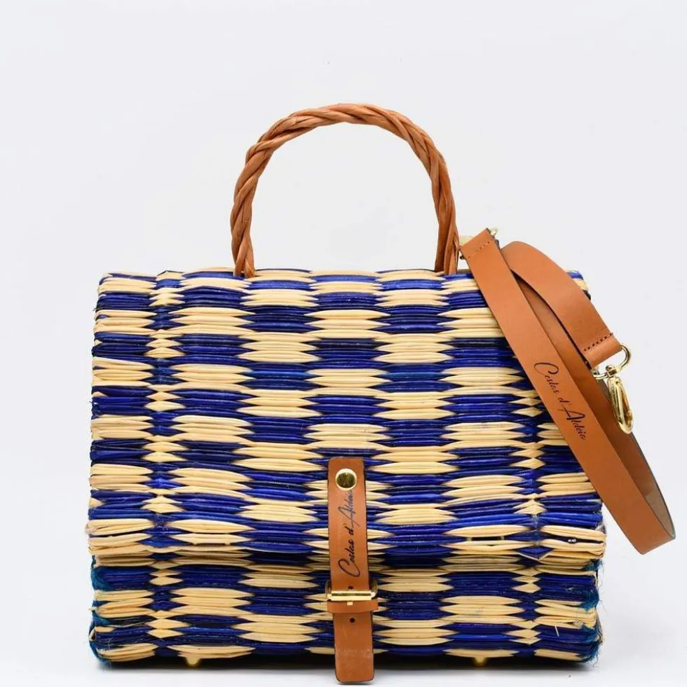 Sac cartable en jonc 25cm - Bleu & naturel