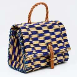 Sac cartable en jonc 25cm - Bleu & naturel