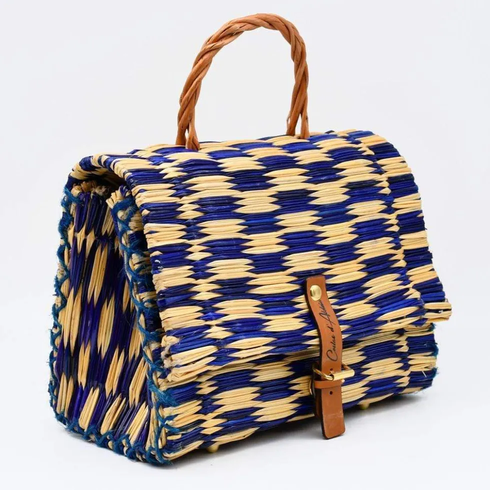 Sac cartable en jonc 25cm - Bleu & naturel