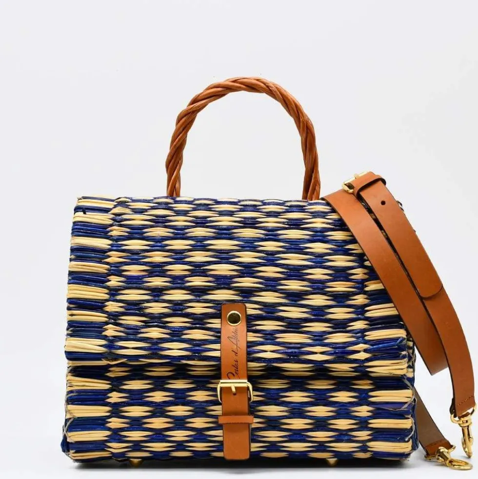 Sac cartable en jonc 25cm - Bleu & naturel