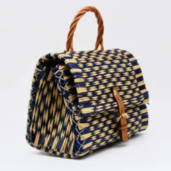 Sac cartable en jonc 25cm - Bleu & naturel