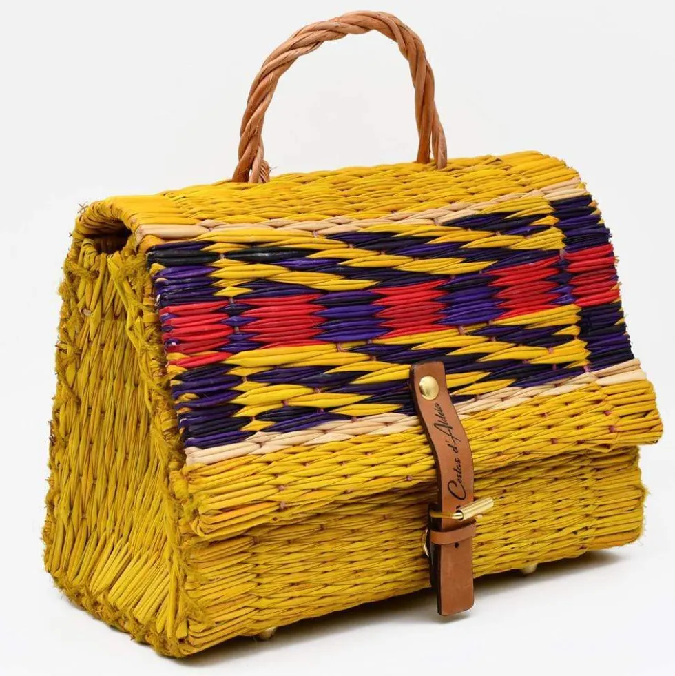 Sac cartable en jonc 25cm - Jaune & multicolore