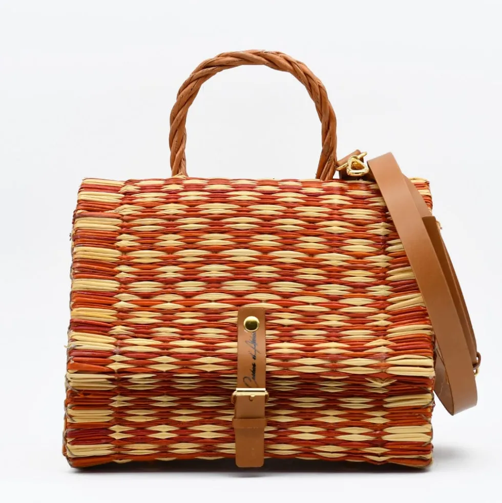 Sac cartable en jonc 25cm - Orange & naturel