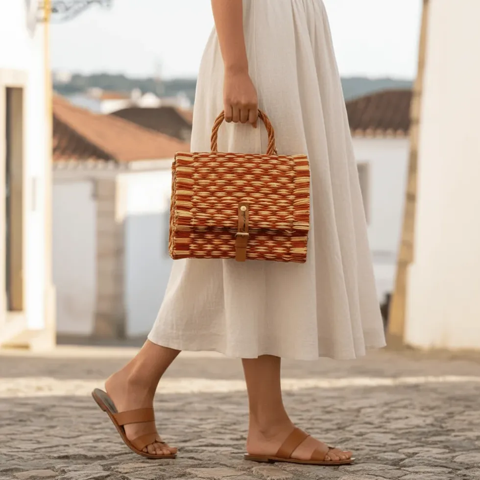 Sac cartable en jonc 25cm - Orange & naturel