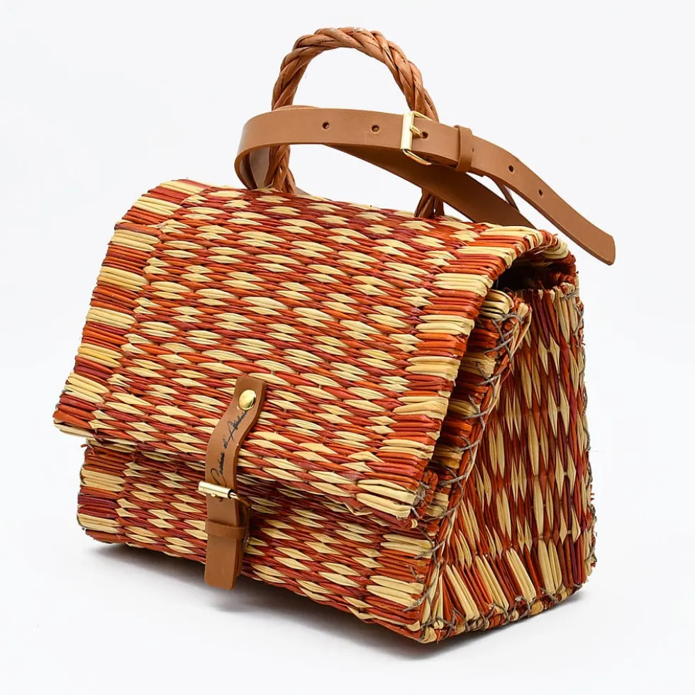 Sac cartable en jonc 25cm - Orange & naturel