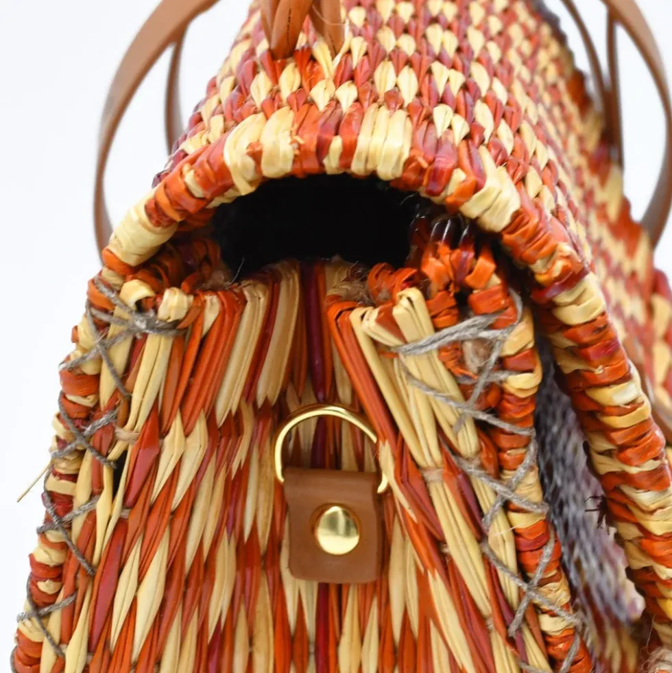 Sac cartable en jonc 25cm - Orange & naturel