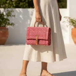 Sac cartable en jonc 25cm - Rose & naturel