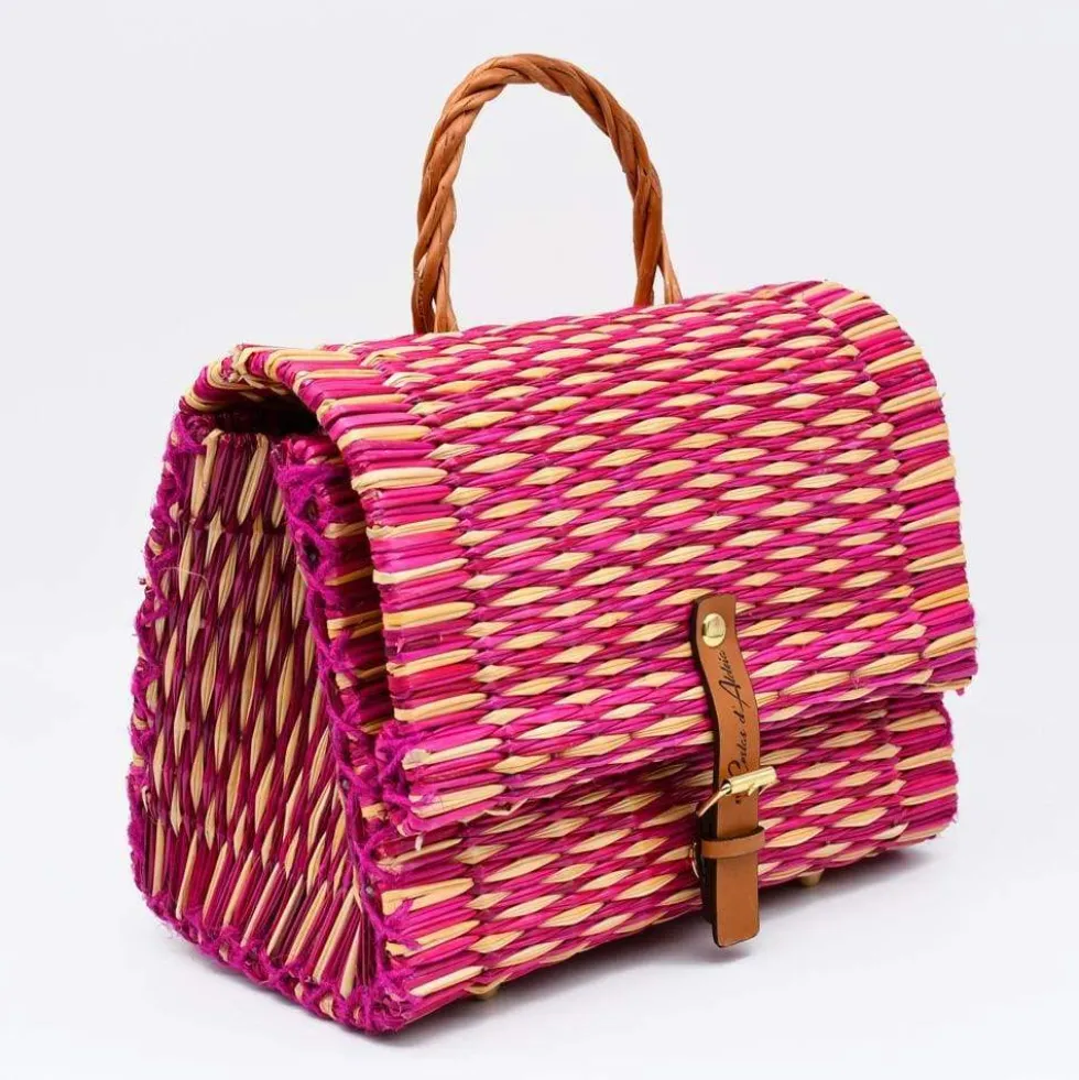 Sac cartable en jonc 25cm - Rose & naturel