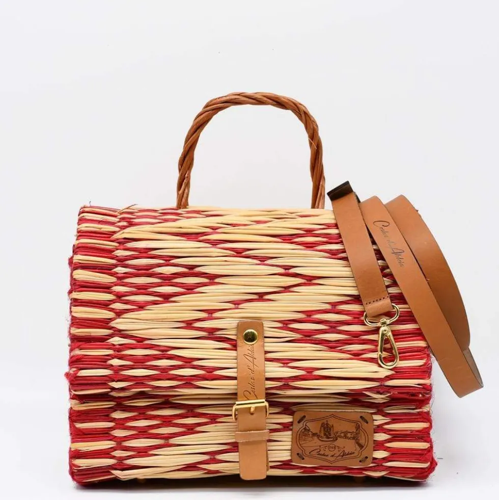Sac cartable en jonc 25cm - Rouge & naturel