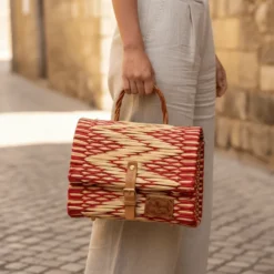 Sac cartable en jonc 25cm - Rouge & naturel