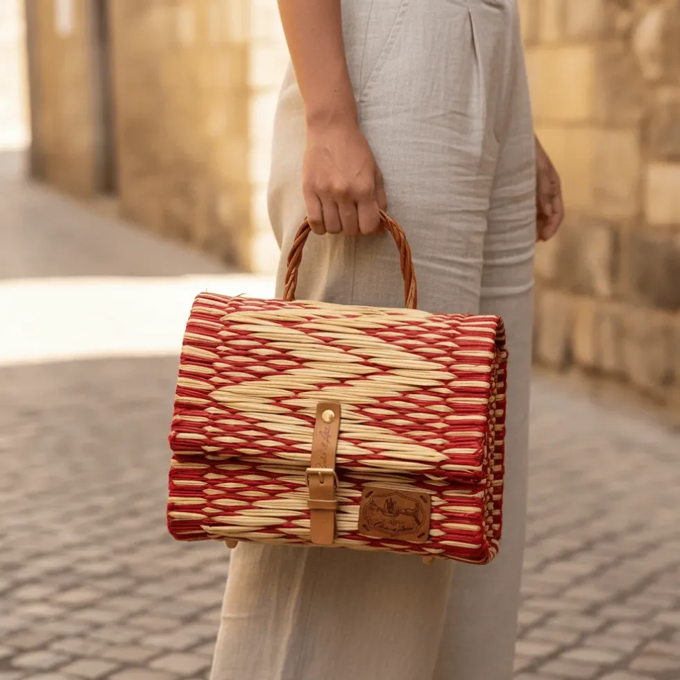 Sac cartable en jonc 25cm - Rouge & naturel