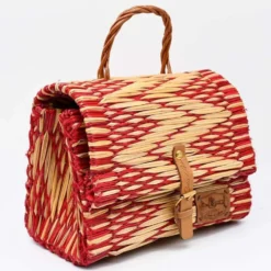 Sac cartable en jonc 25cm - Rouge & naturel