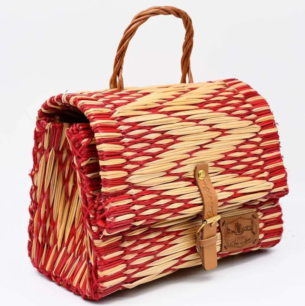 Sac cartable en jonc 25cm - Rouge & naturel