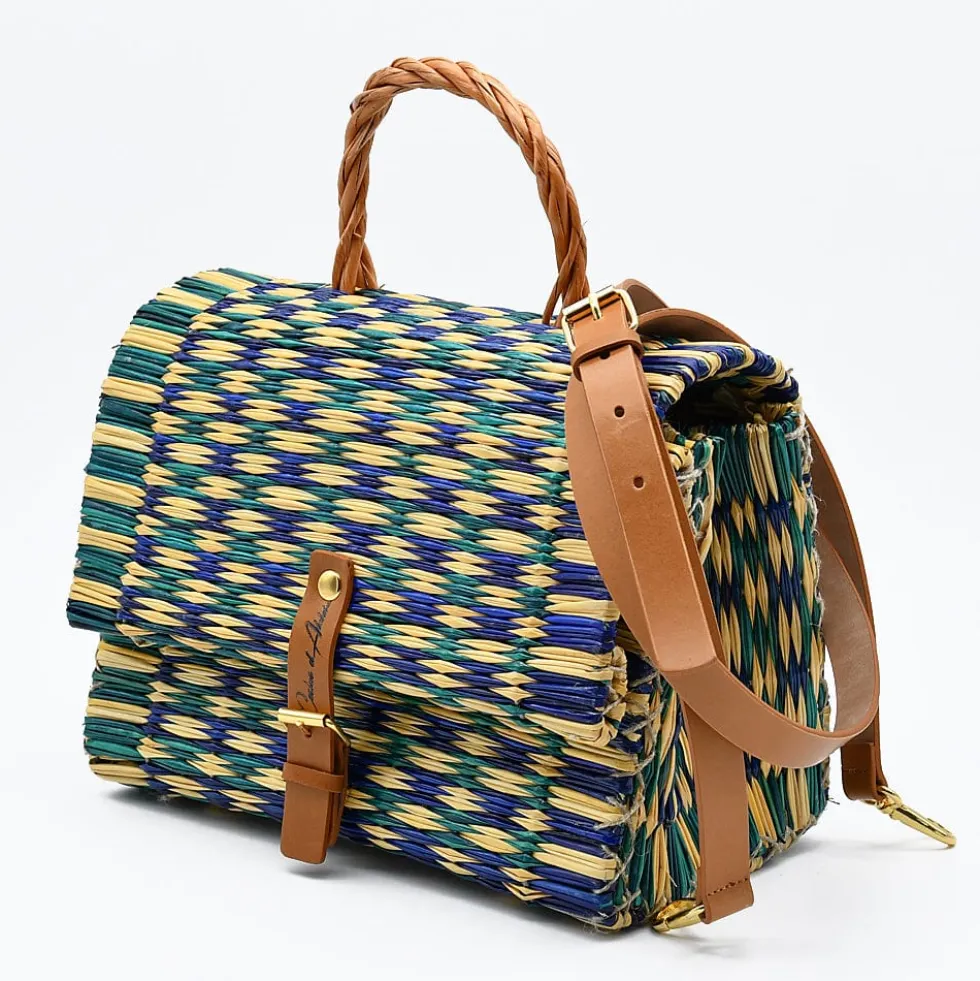 Sac cartable en jonc 25cm - Vert & Bleu