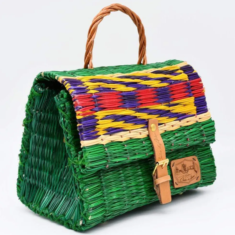Sac cartable en jonc 25cm - Vert & multicolore
