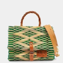 Sac cartable en jonc 25cm - Vert & naturel