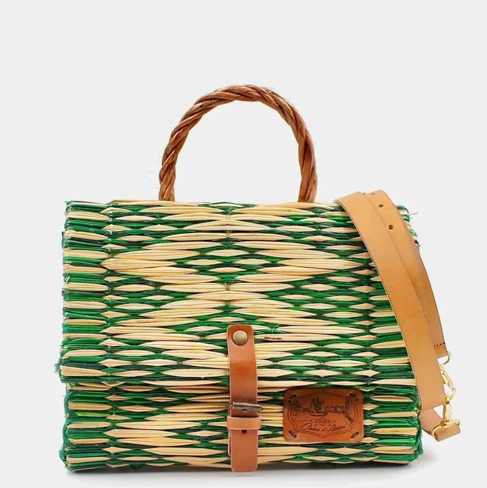 Sac cartable en jonc 25cm - Vert & naturel