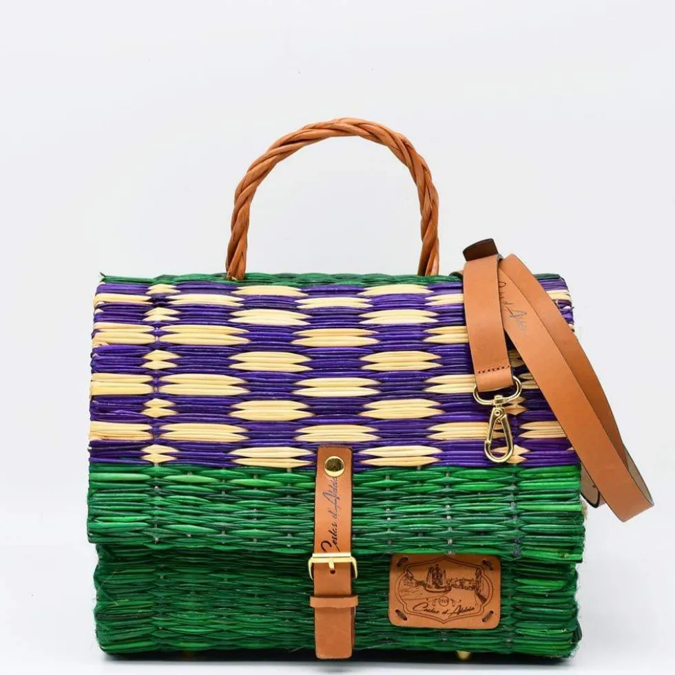 Sac cartable en jonc 25cm- Vert & violet