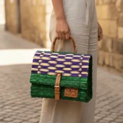 Sac cartable en jonc 25cm- Vert & violet