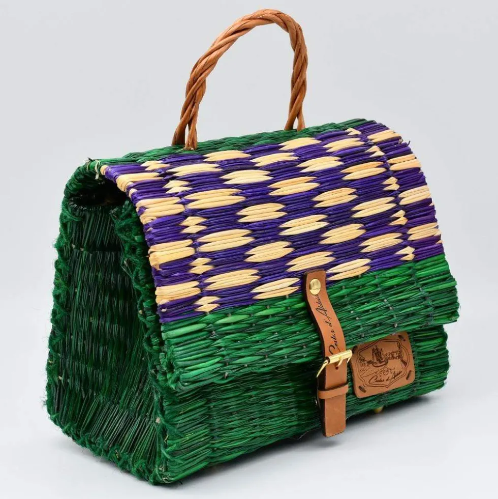 Sac cartable en jonc 25cm- Vert & violet