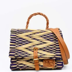 Sac cartable en jonc 25cm - Violet & naturel