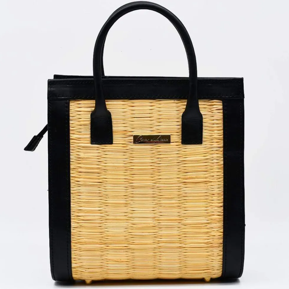 Sac en cuir et jonc 26cm - Naturel