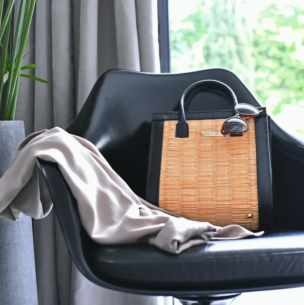Sac en cuir et jonc 26cm - Naturel