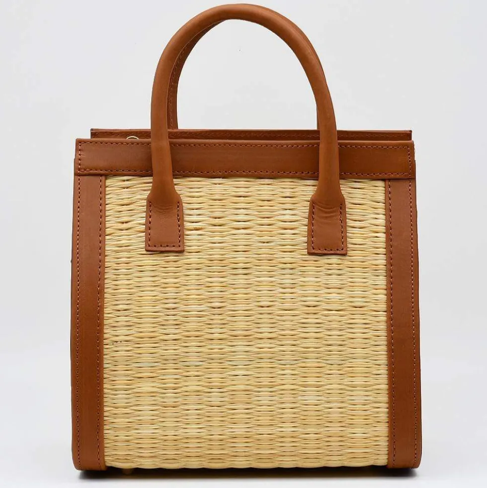 Sac en cuir et jonc 26cm - Naturel