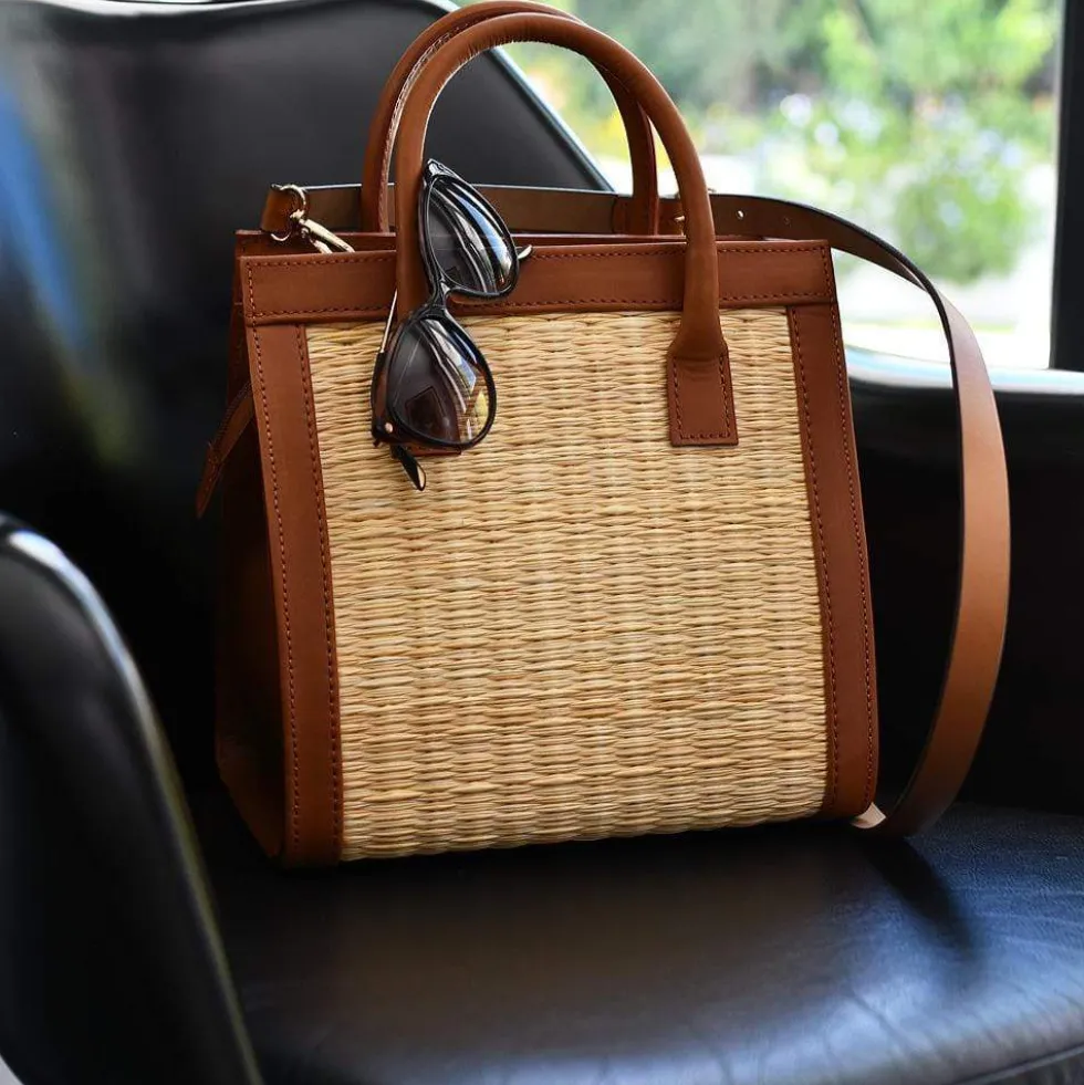 Sac en cuir et jonc 26cm - Naturel