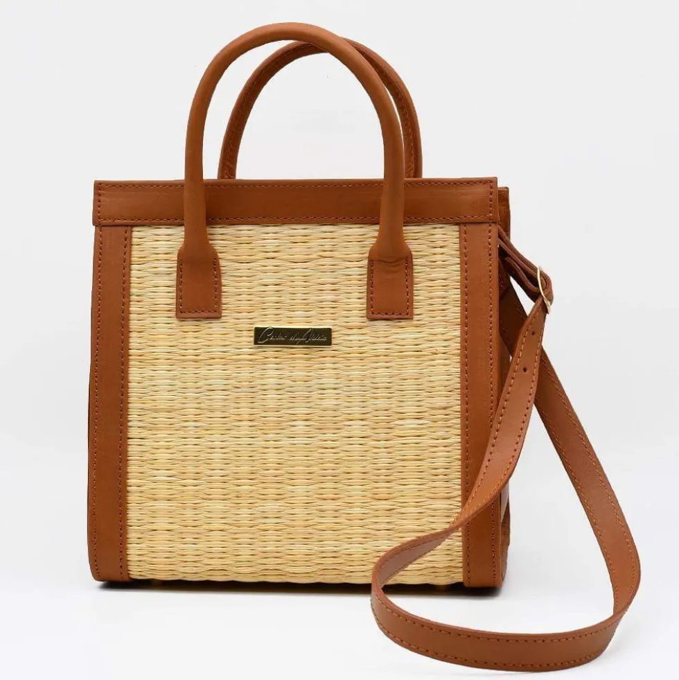 Sac en cuir et jonc 26cm - Naturel