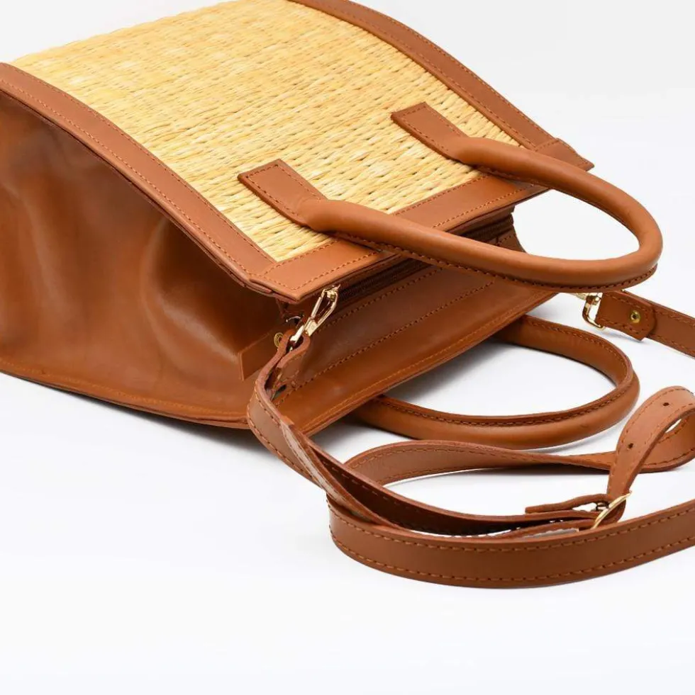 Sac en cuir et jonc 26cm - Naturel