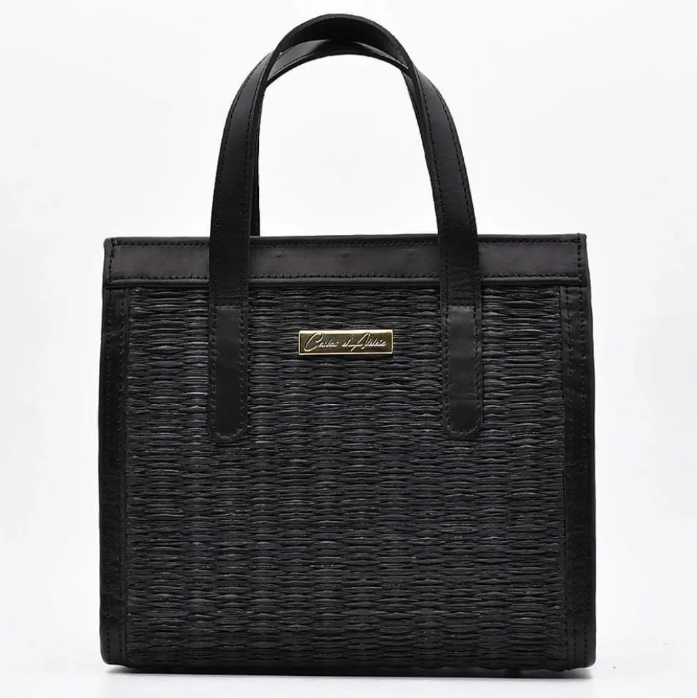 Sac en cuir et jonc 26cm - Noir