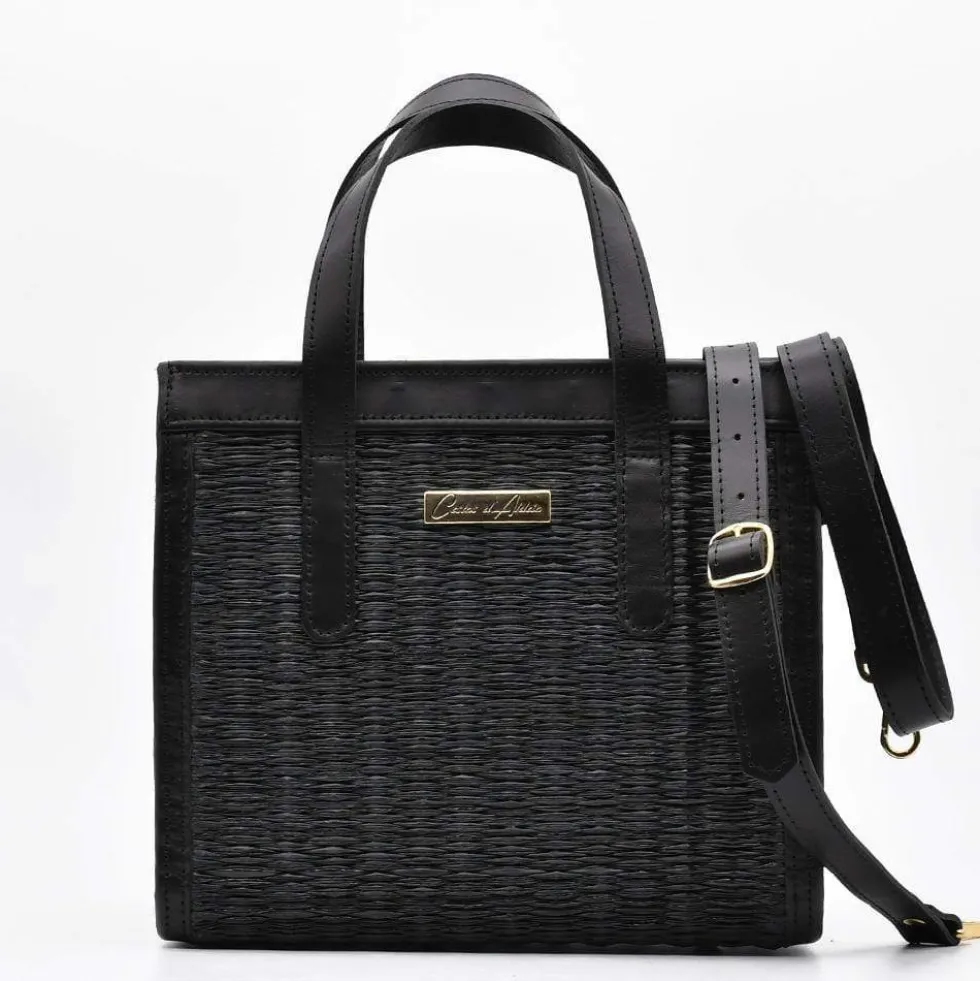 Sac en cuir et jonc 26cm - Noir