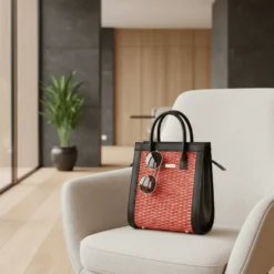 Sac en cuir et jonc 26cm - Rouge & naturel