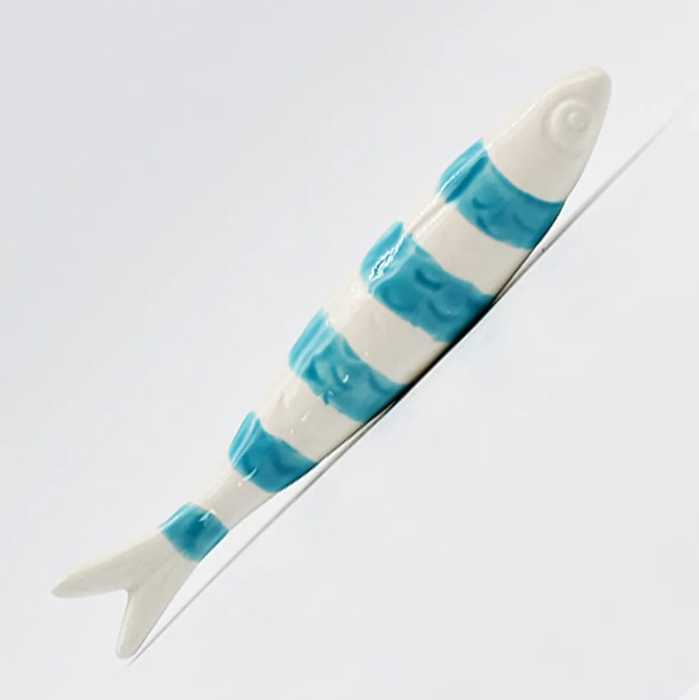 Sardine rayée en céramique de Caldas da Rainha - Blanc & turquoise
