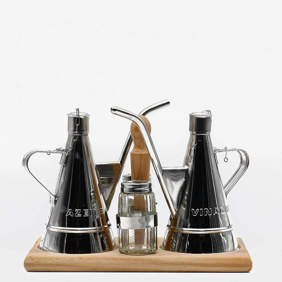 Service de table huile - vinaigre - sel - poivre en inox et bois