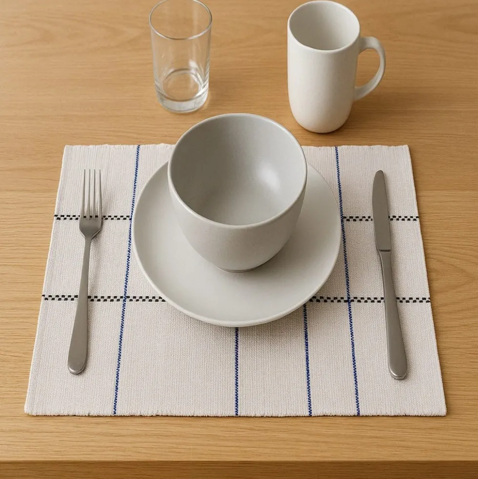 Set de table en coton recyclé - Blanc cassé & bleu