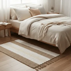 Tapis Artisanal rayé - Blanc. beige. marron